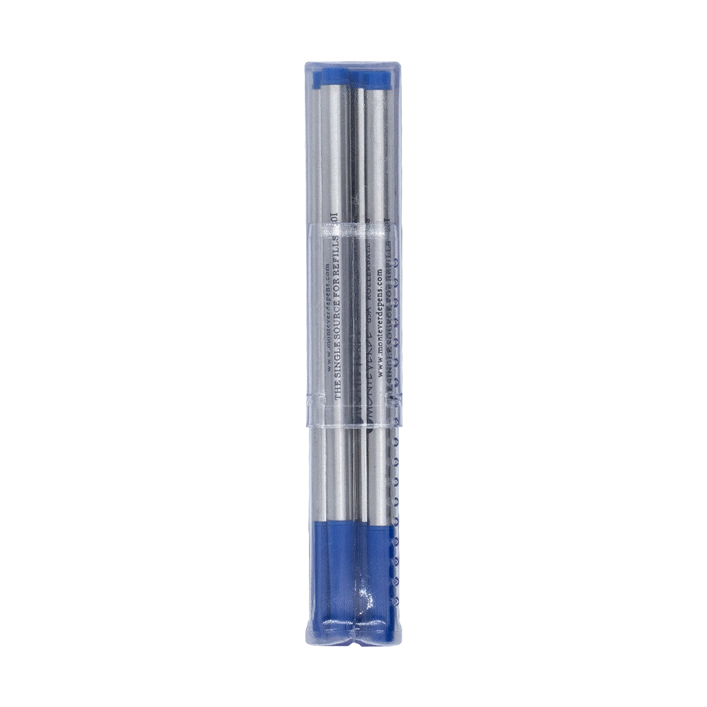 Lot de six recharges roller bleue moyenne Monteverde, compatible avec les stylos Montblanc, vue de face sur un fond blanc. Les recharges sont clairement visibles avec leurs design cylindriques et leurs couleurs bleus, indiquant leurs utilisations pour les stylos de type Montblanc.