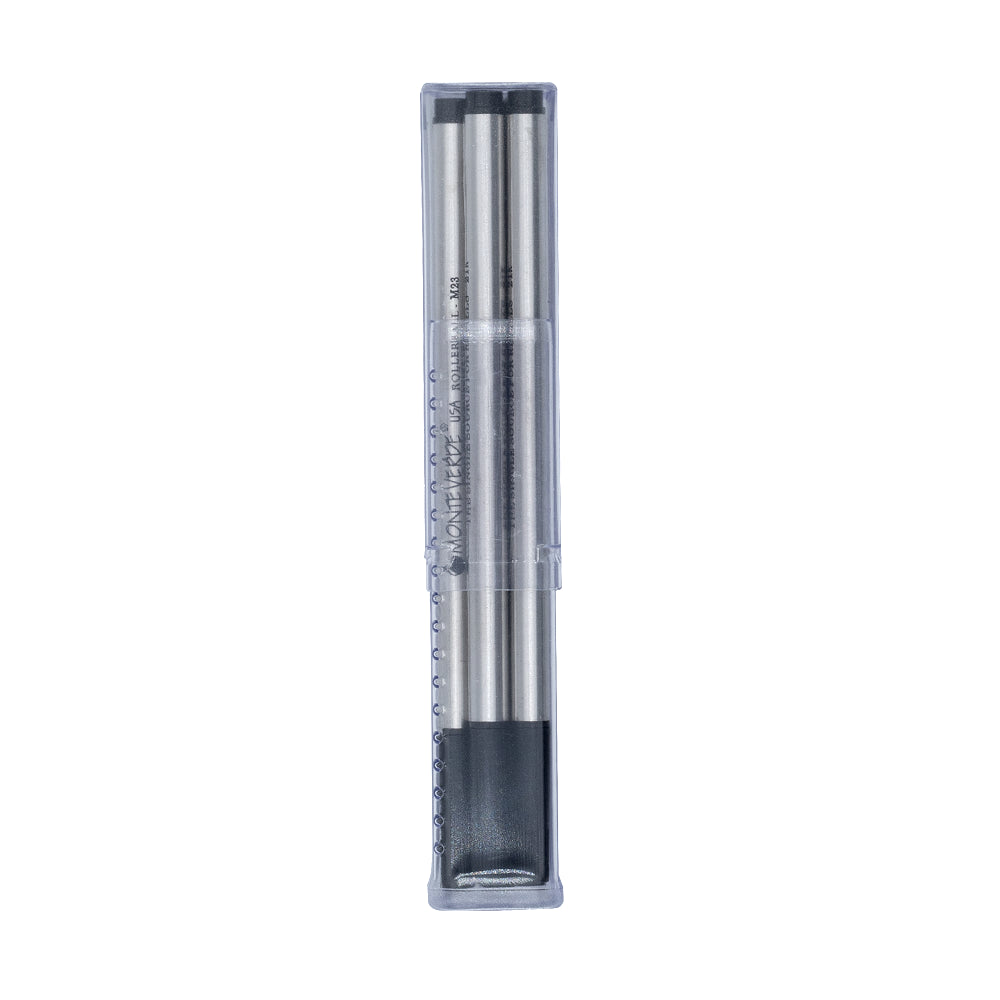 Pack de 12 recharges rollers noires moyennes Monteverde, compatibles Montblanc, sur fond blanc.