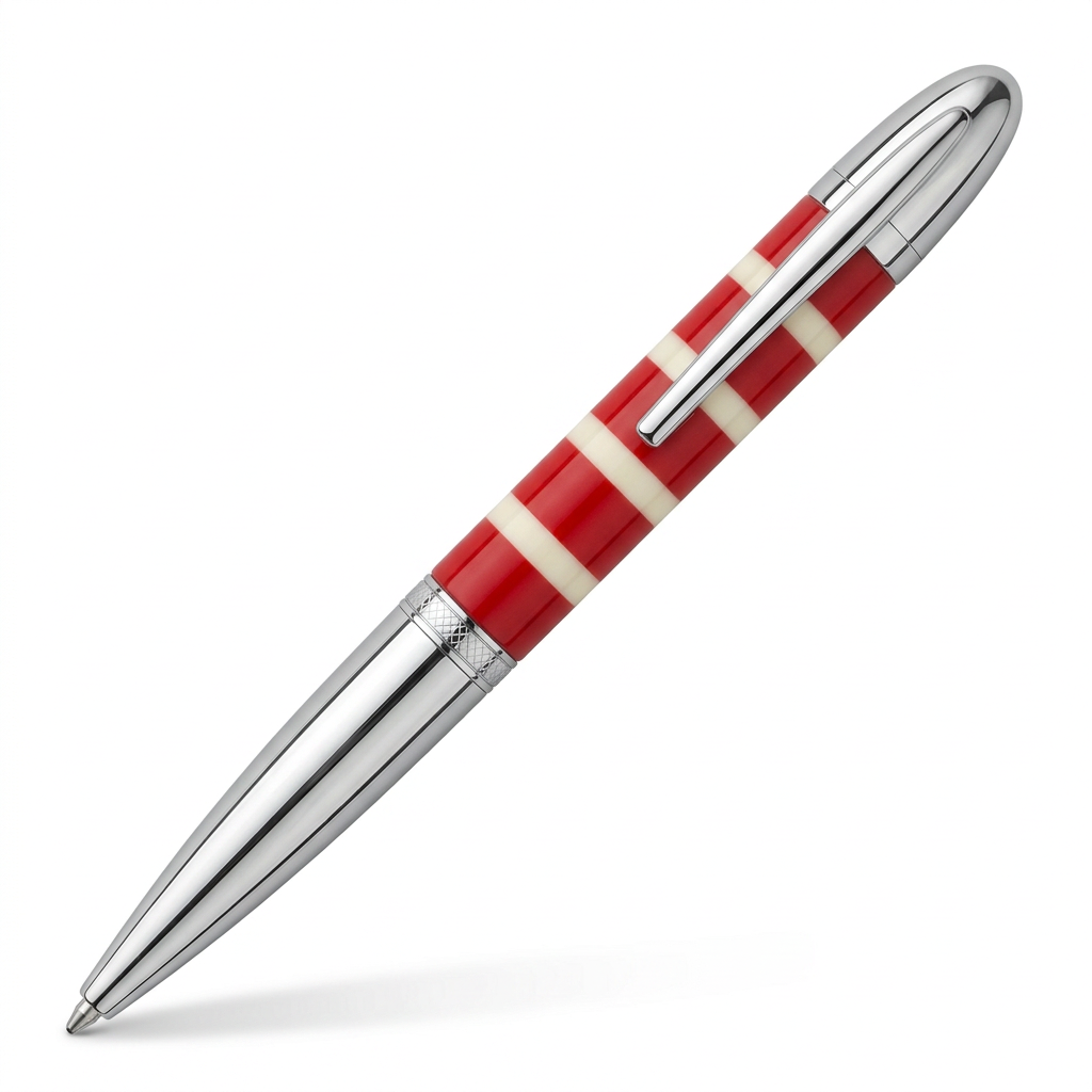 Stylo Enzo Varini rouge à bandes blanches, face à 45°