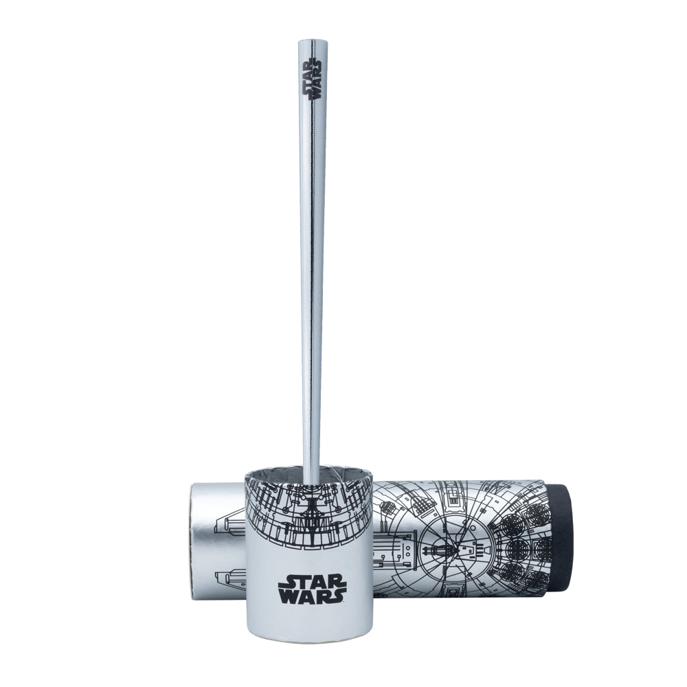 Stylo Forever Prima inspiré du Faucon Millenium de STAR WARS posé sur son écrin cylindrique assorti, présenté sur un fond blanc. L'écrin cylindrique protège le stylo tout en mettant en valeur le design unique du Faucon Millenium et son association avec la saga STAR WARS.